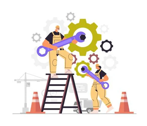 Workers couple rotating cogwheels teamwork process concept man woman in overalls Stock Illustration