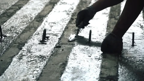 Workers create concrete pillars to current electricity Stock Footage 127684537