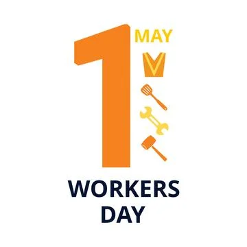 Workers day banner with date and work tools on a white background Illustrazione stock