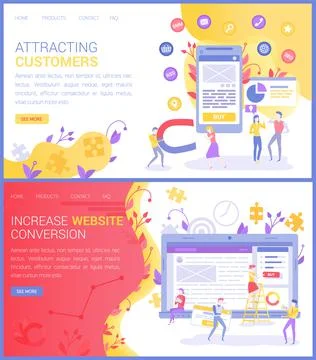 Workers develop shopping program. Set of websites for increase conversion and Stock Illustration