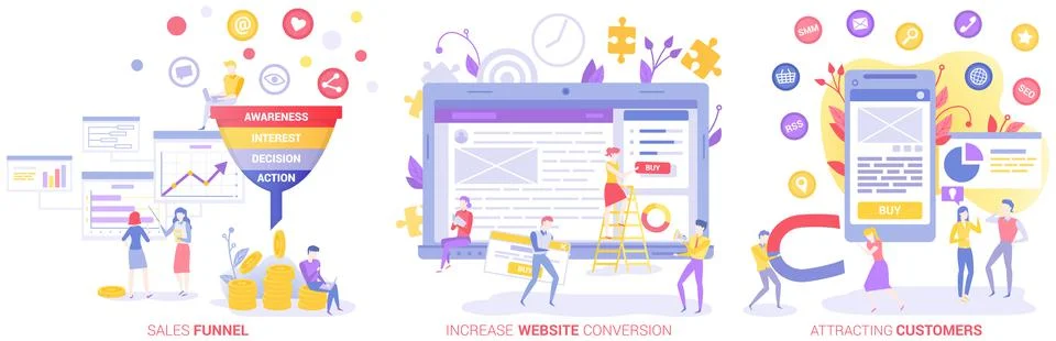 Workers developing web page, analysing market, advertising, increase conversion Stock Illustration