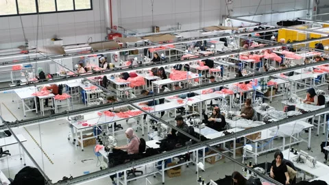 Workers diligently using sewing machines in a textile factory Stock Footage 325331093