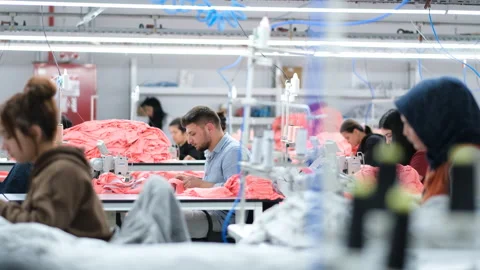 Workers diligently using sewing machines in a textile factory Video stock 325336184