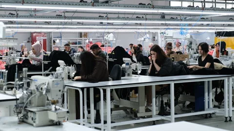 Workers diligently using sewing machines in a textile factory Stock Footage 325337736