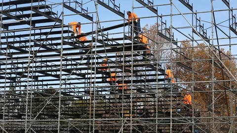 Workers Disassemble Bleacher Stock Footage 101136080