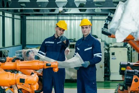 Workers discuss blueprints while overseeing robotic arms in a manufacturing.. Stock Photos