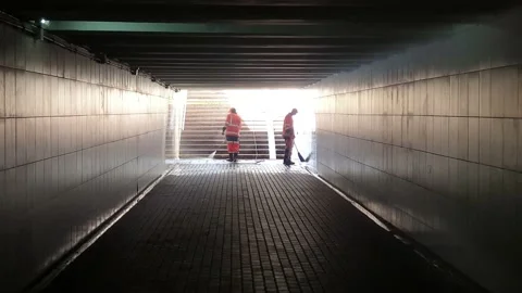 Workers disinfect the underpass Stock Footage 153795926