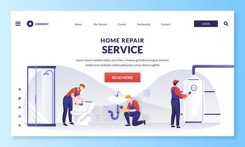 Workers does house fixing works. Plumber worker repairs toilet tank, sink, pl Stock Illustration