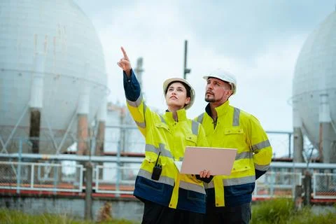 Workers evaluate operations at an industrial facility while discussing safe.. Stock Photos