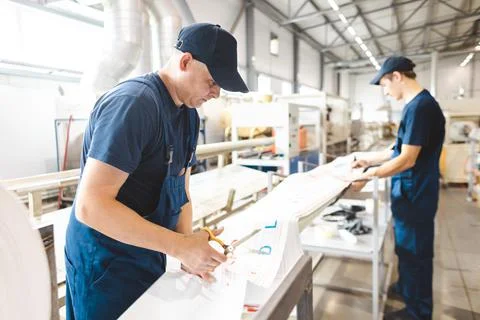 Workers in a factory carry out technological processes on a conveyor line in Stock Photos