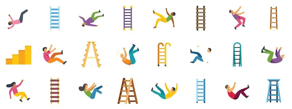 Workers falling from ladders and stairs suffering accidents at work Stock Illustration