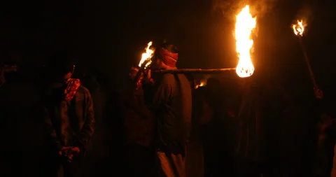 Workers with Fire Torch in Night Video stock 339775925