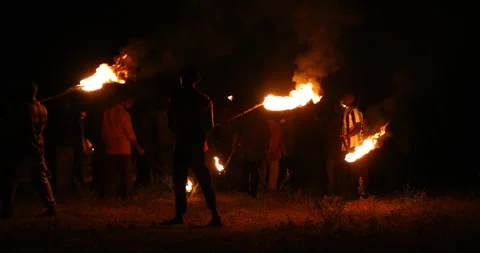 Workers with Fire Torch in Night Stock Footage 339776644