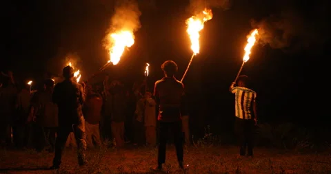 Workers with Fire Torch in Night Видео 339776655