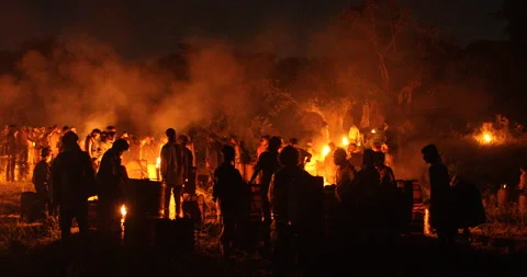 Workers with Fire Torch in Night Stock Footage 339776697