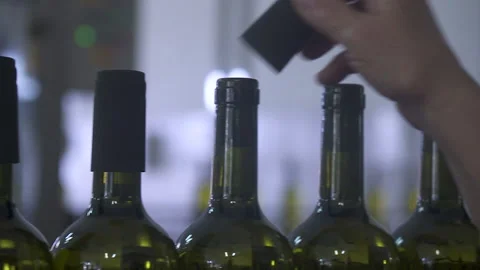 Workers Fit Caps On to Sealed Bottles Of Wine. 120 fps. Stock Footage 155458254