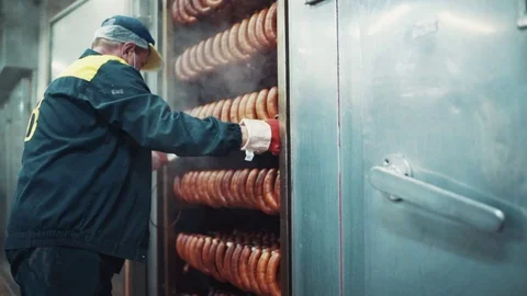 Workers of the food factory pulling the rack with the hanging smoked sausages Stock Footage 77524795