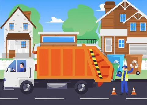 Workers of garbage removal services and garbage truck, flat vector illustration. Stock Illustration