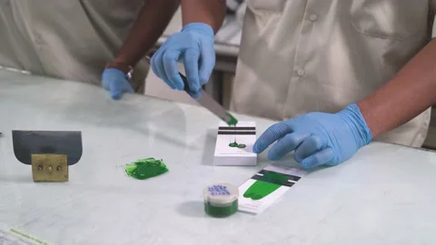 Workers with gloves doing sample test of green paint Stock Footage 234143583