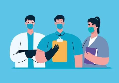 Workers group using medical masks for covid 19 pandemic Illustrazione stock