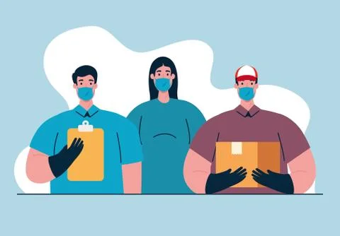 Workers group using medical masks for covid 19 pandemic Illustrazione stock