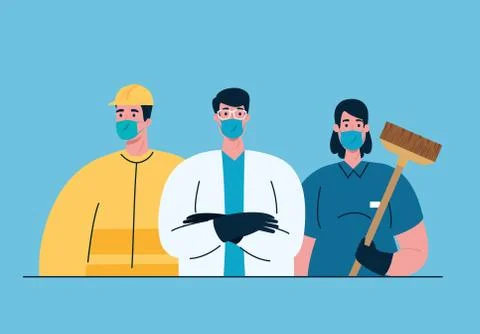 Workers group using medical masks for covid 19 pandemic Illustrazione stock