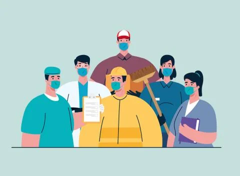 Workers group using medical masks for covid 19 pandemic Illustrazione stock