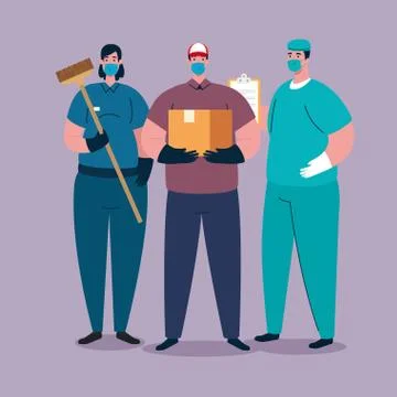 Workers group using medical masks for covid 19 pandemic Illustrazione stock