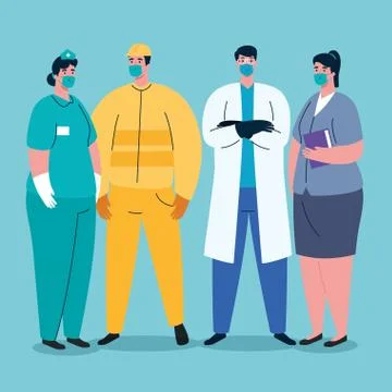 Workers group using medical masks for covid 19 pandemic Illustrazione stock