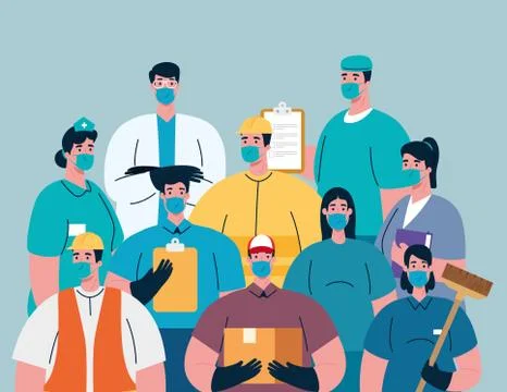 Workers group using medical masks for covid 19 pandemic Illustrazione stock
