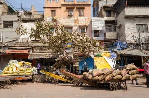 Workers with handcarts loaded with sacks and old multi-story buildings on a Stock Photos