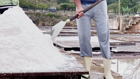 Workers handle large piles of white salt at an outdoor facility Stock Footage 347920708