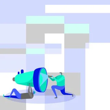 Workers Helping Each Other Using Flashlight To Fix Broken Megaphone Illustrazione stock