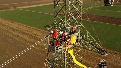 Workers High Voltage Pylon Stock Footage 124862612