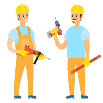 Workers Holding Drill and Instruments, Vector Ilustración de archivo