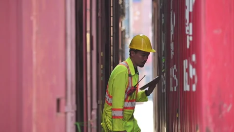 Workers in the import and export industries inspect the cargo of containers Stock Footage 264467588