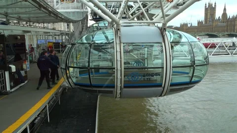 Workers Inspecting London Eye Pod with Houses of Parliament in Background Stock Footage 337566997