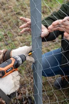 Workers install a chain-link fence in a garden, using a screwdriver to atta.. Foto stock