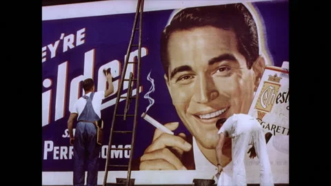 Workers Install Cigarette Advertisement Poster On Outdoor Billboard Stock Footage 155455341