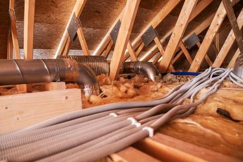 Workers Install Ducts and Insulation in an Attic Space Stock Photos