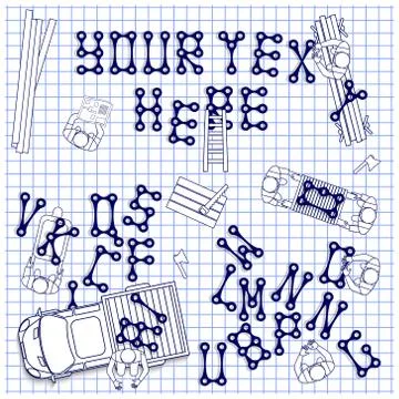 Workers install the letters on a sheet in a cage. Stock Illustration