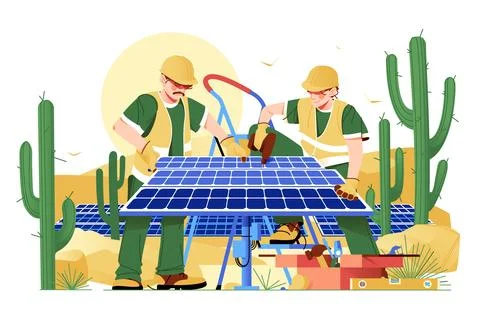 Workers install solar panel in desert Stock Illustration