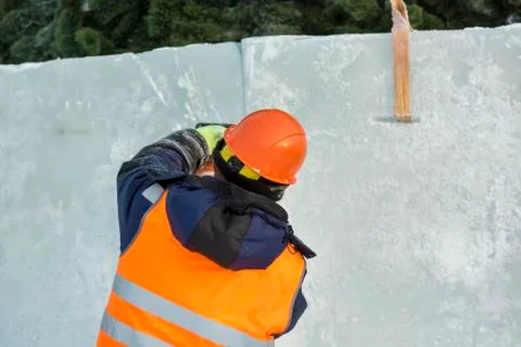 Workers on the installation of the ice town 스톡 사진