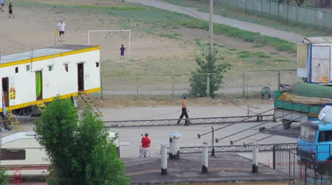 Workers installing metallic pillar for circus pavilion Stock Footage 24728986