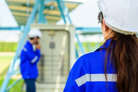 Workers installing solar panels, Engineer team at solar panel farm Stock Photos