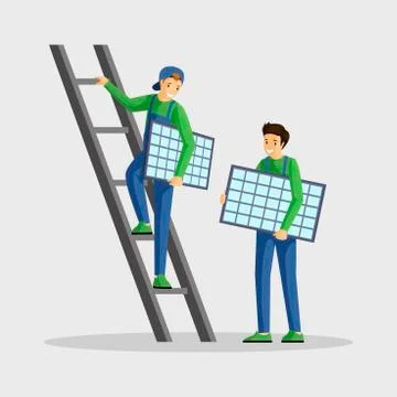 Workers installing solar panels vector illustration. Specialists setting Stock Illustration