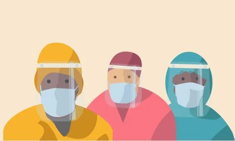 Workers with jackets, face mask and face shield protection icons Illustrazione stock