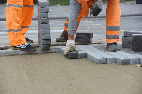 Workers lay gray concrete paving slabs. Stock Photos