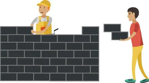 Workers laying bricks building house vector icon isolated on white Ilustración de archivo