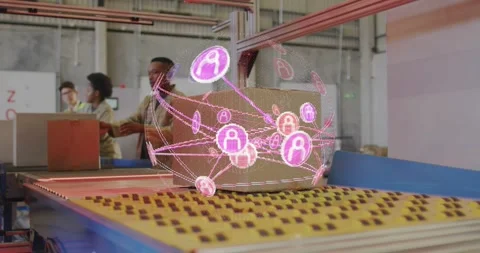 Workers lifting and placing box onto conveyor, pink hologram orbiting and Stock Footage 332289098